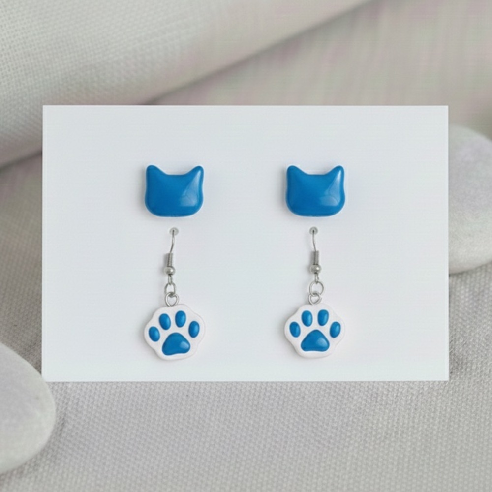 Cat Resin Earring Set - Handmade - Hypoallergenic - Blue